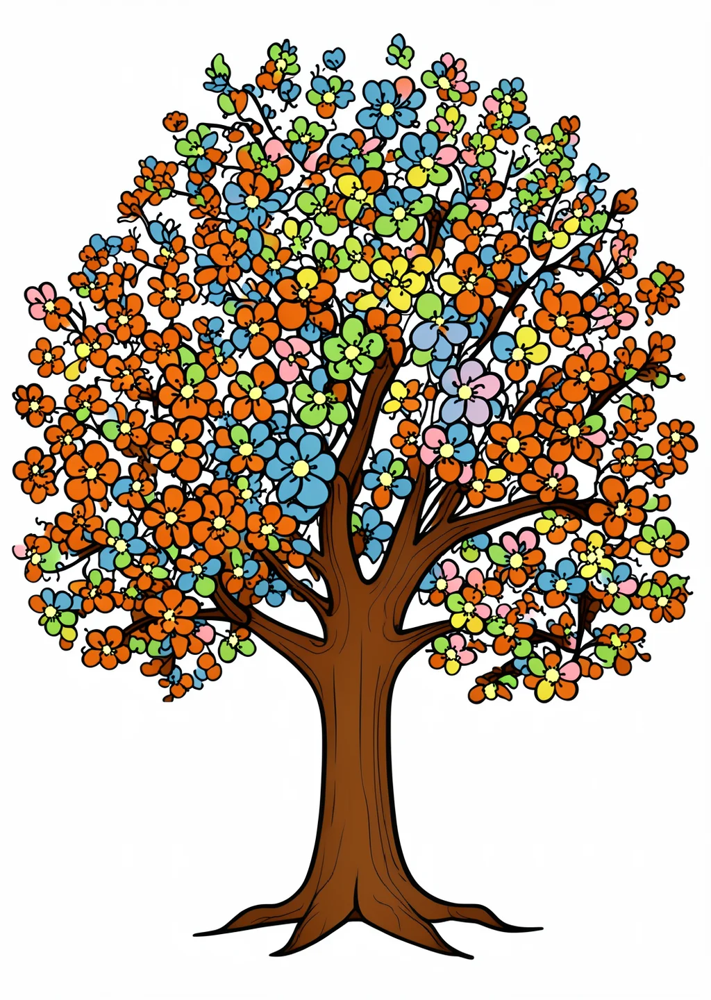 Baum im Frühling Ausmalbild – farbiges Beispiel