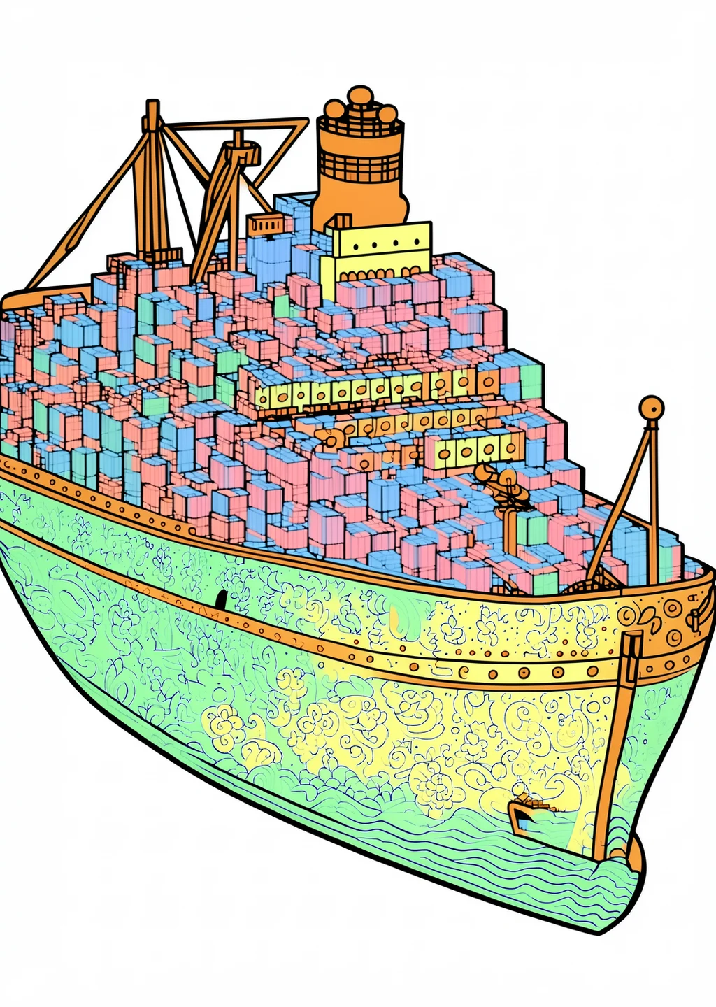 Containerschiff Ausmalbild – farbiges Beispiel