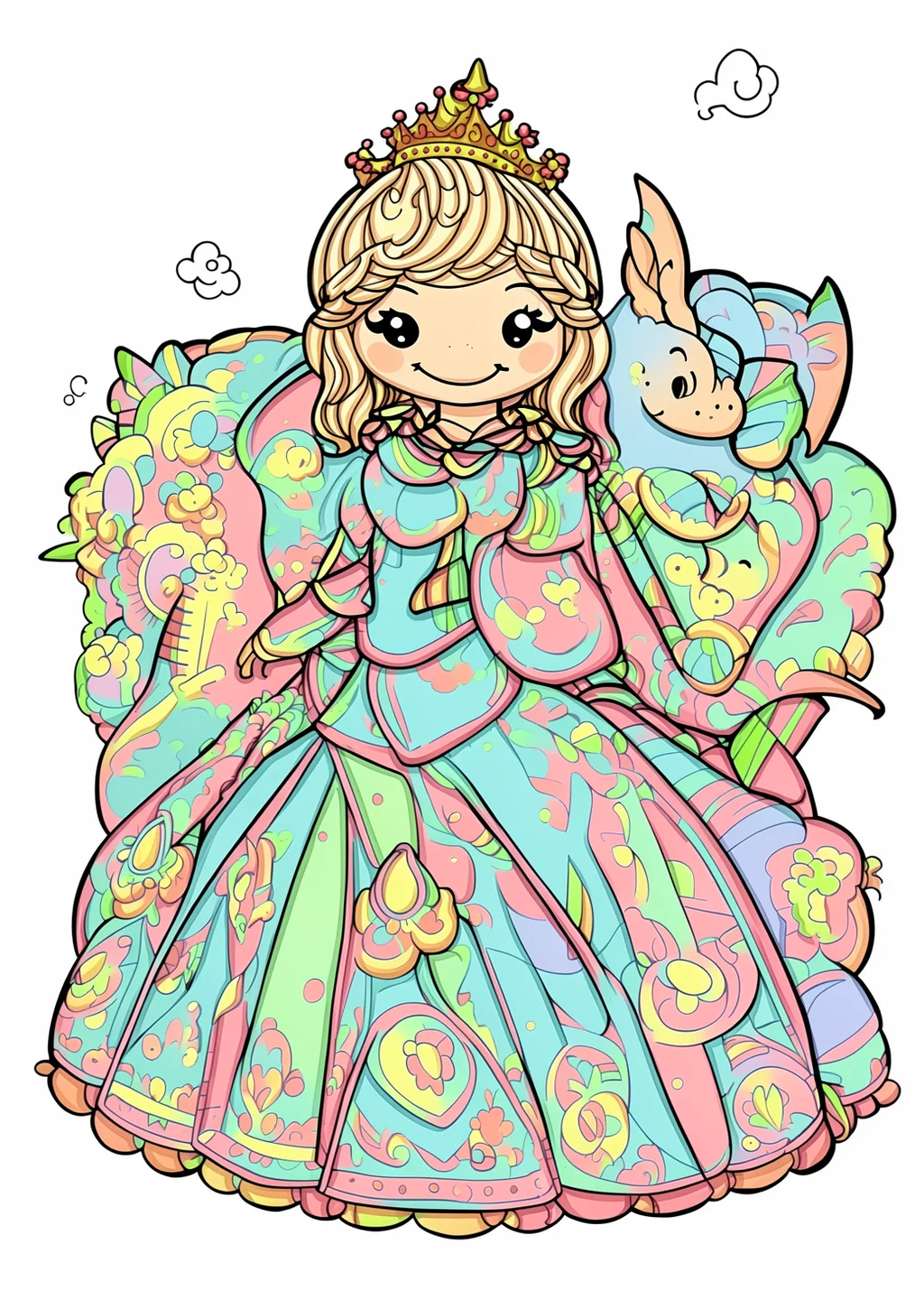 Prinzessin und Drache Ausmalbild – farbiges Beispiel