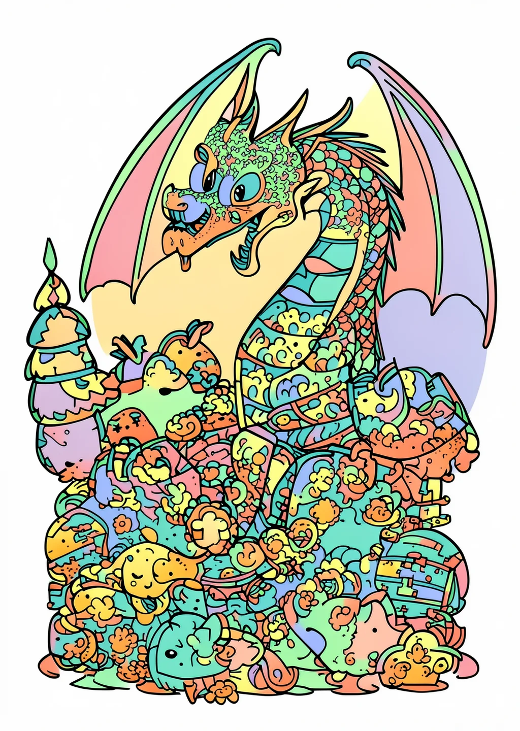 Drache mit Schatz Ausmalbild – farbiges Beispiel