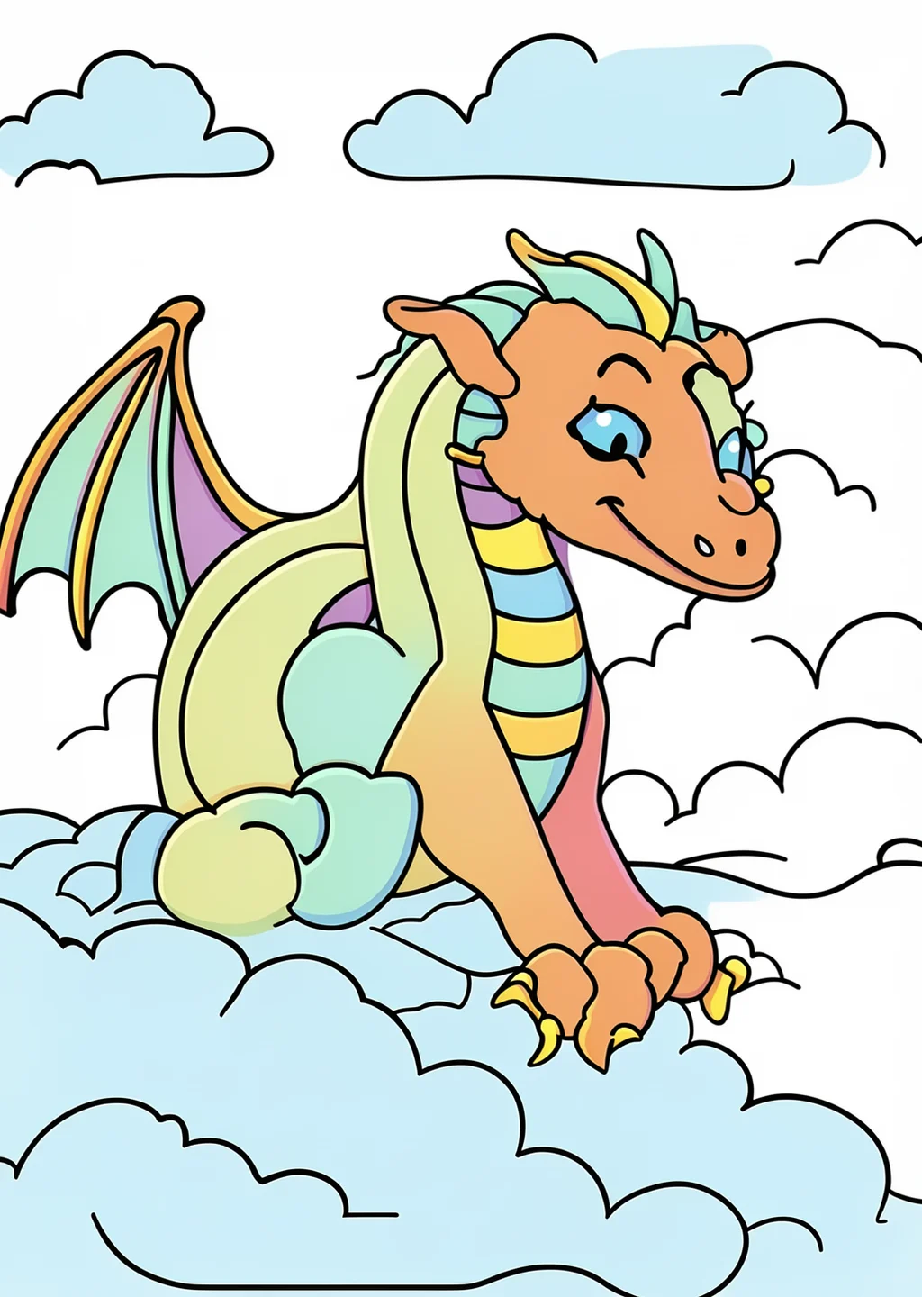 Drache in den Wolken Ausmalbild – farbiges Beispiel