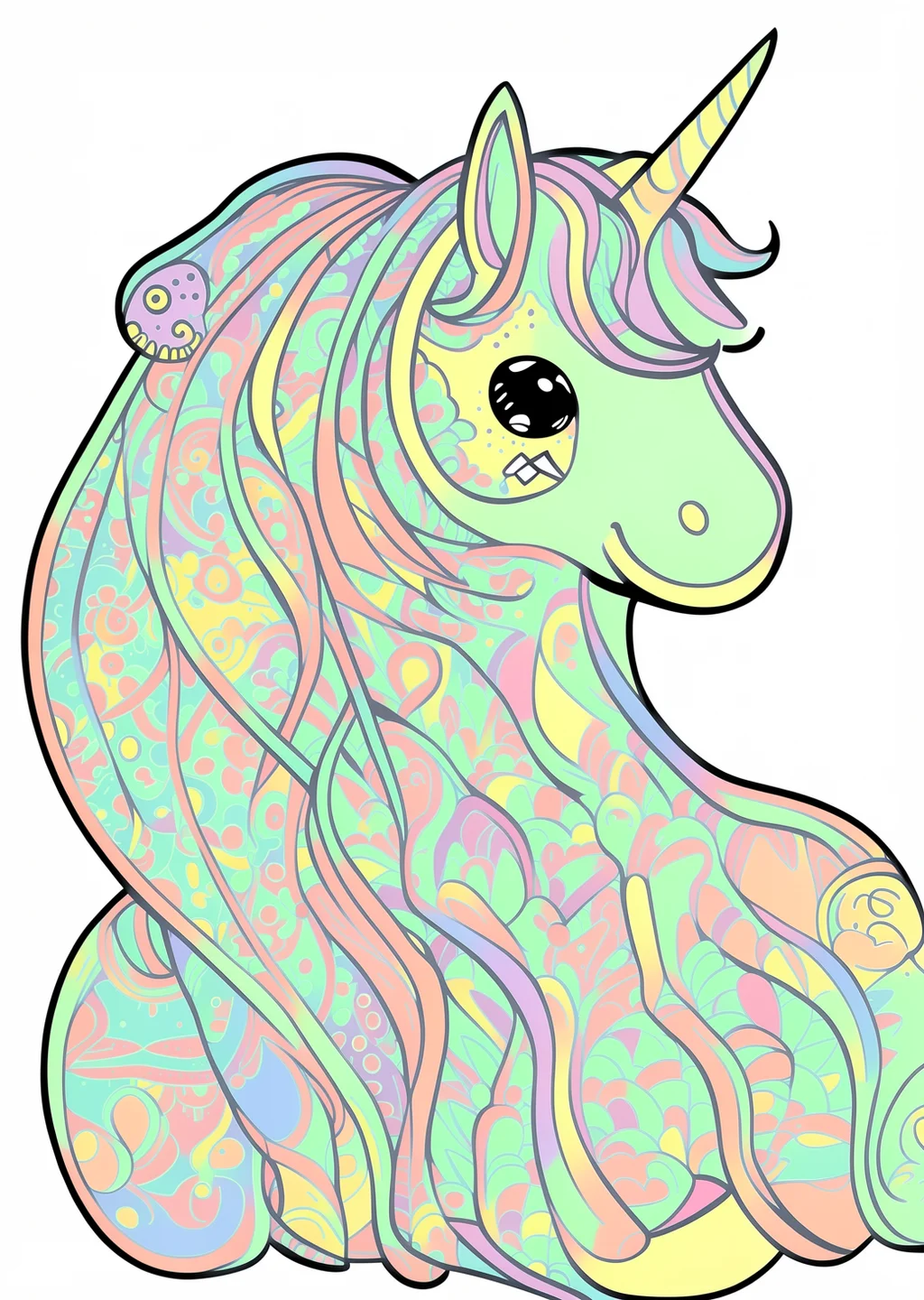 Einhorn mit langer Mähne Ausmalbild – farbiges Beispiel