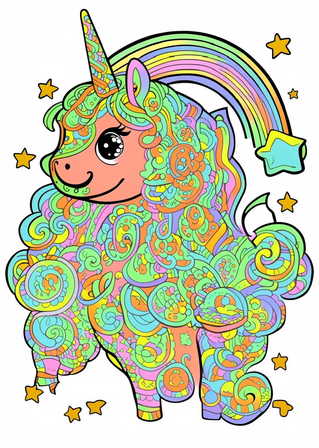 Einhorn mit Regenbogen Ausmalbild – farbiges Beispiel