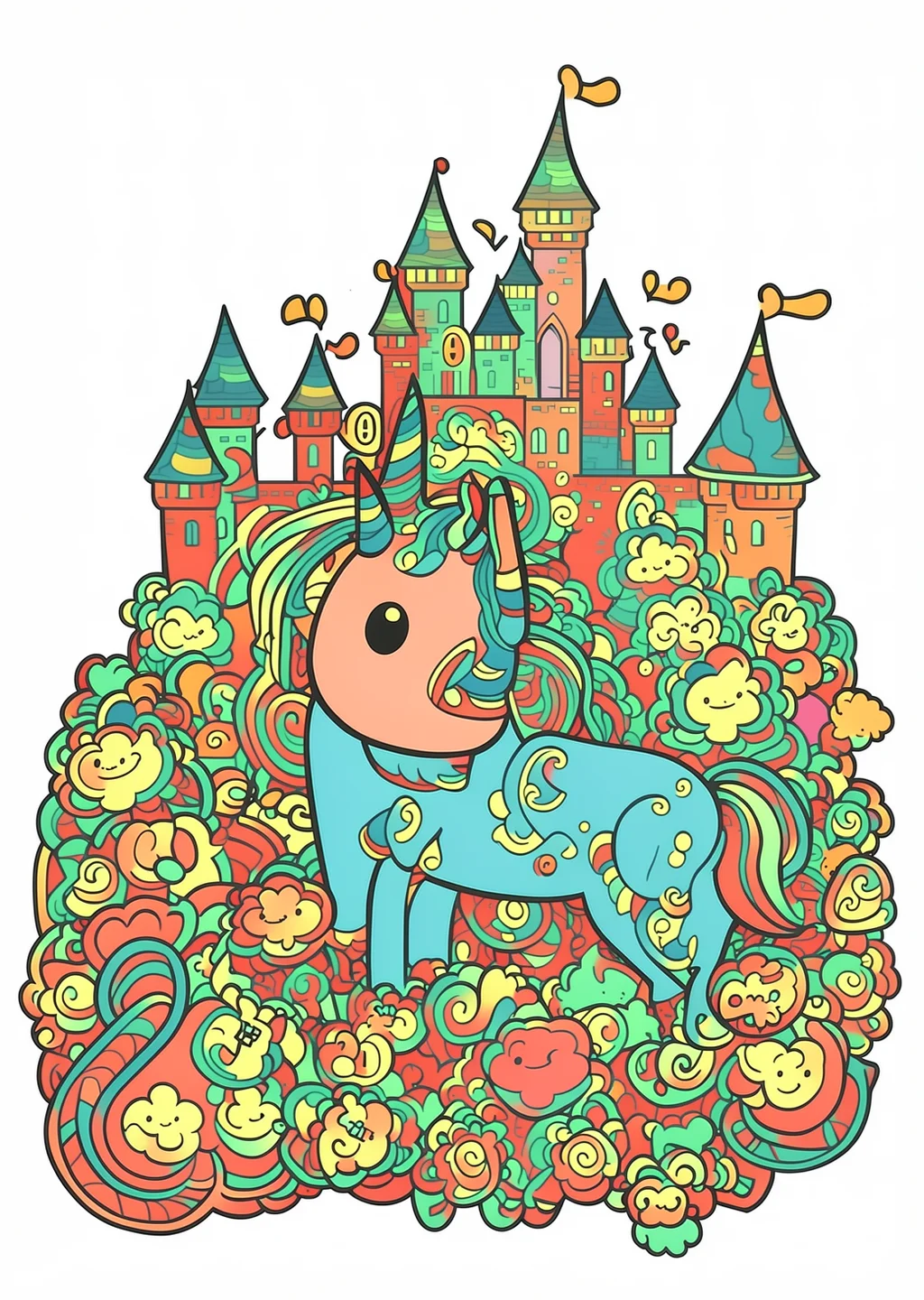 Einhorn am Schloss Ausmalbild – farbiges Beispiel