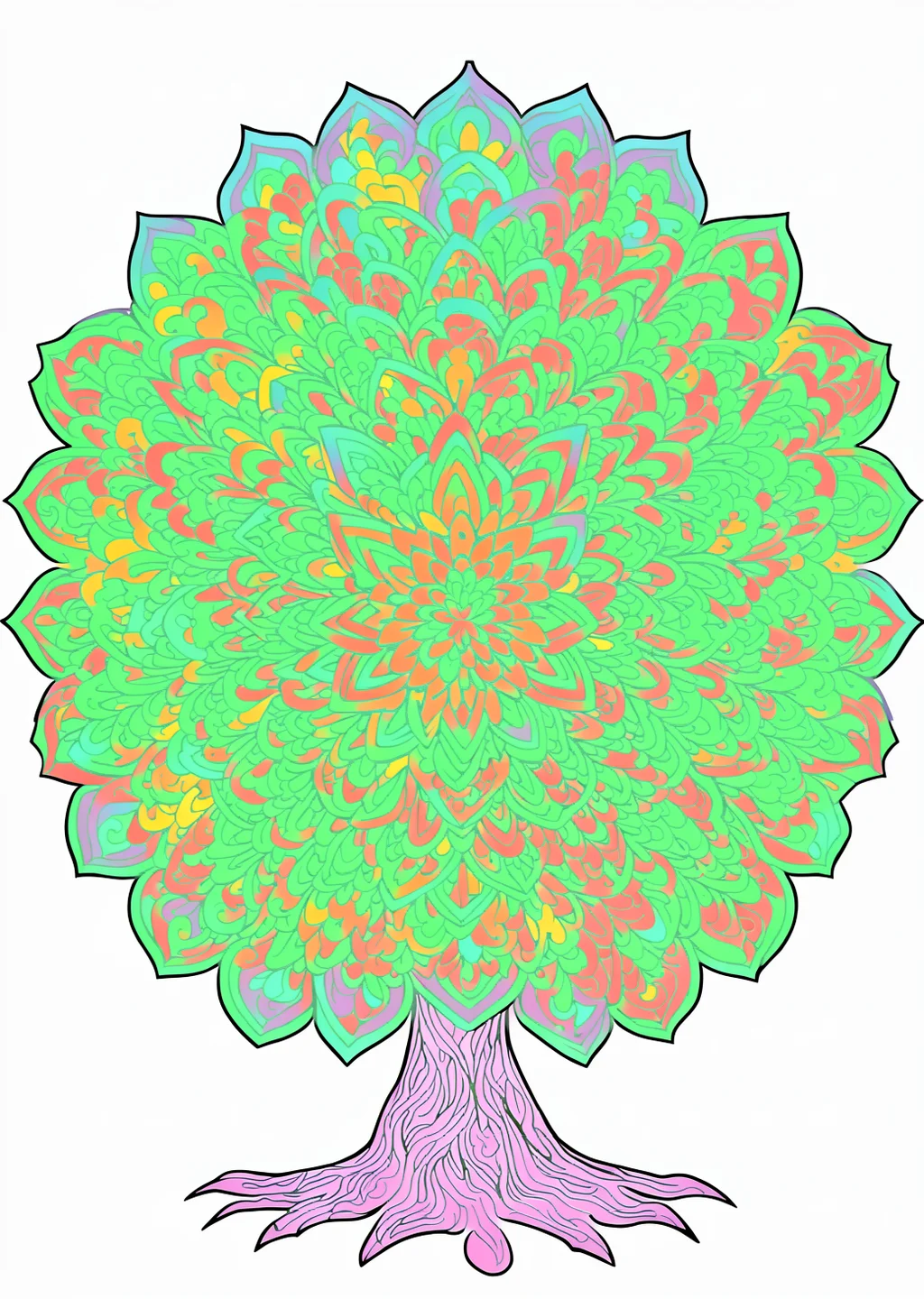 Baum-Mandala Ausmalbild – farbiges Beispiel