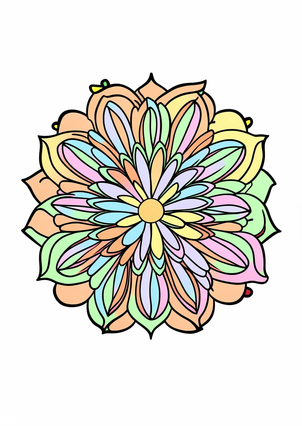 Einfaches Blumen-Mandala Ausmalbild – farbiges Beispiel