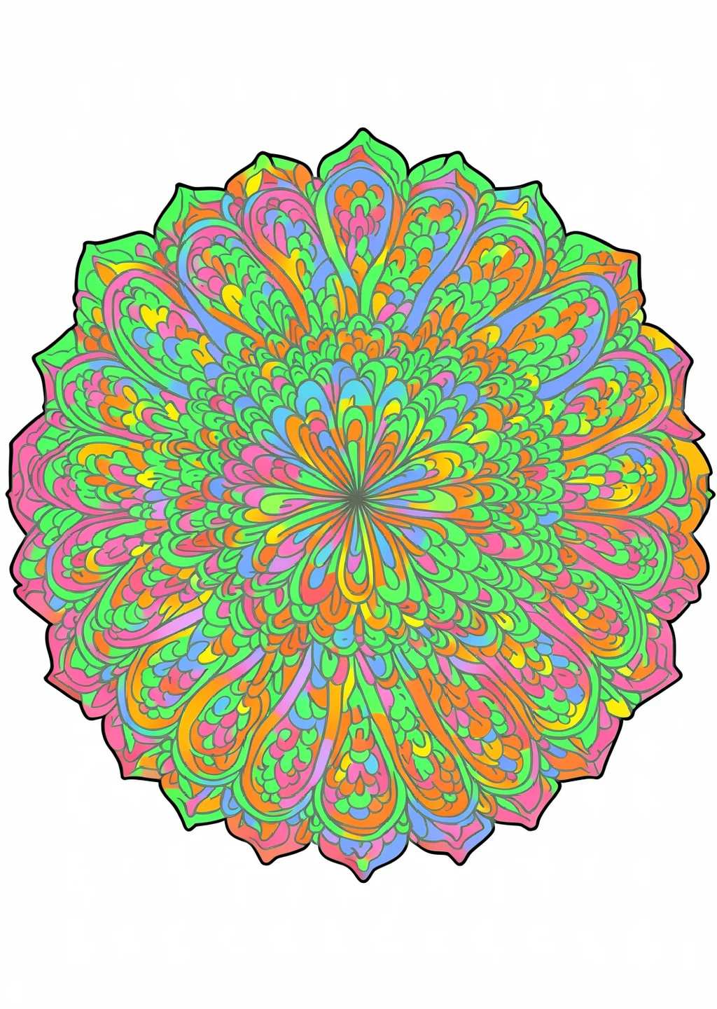 Rundes Blüten-Mandala Ausmalbild – farbiges Beispiel