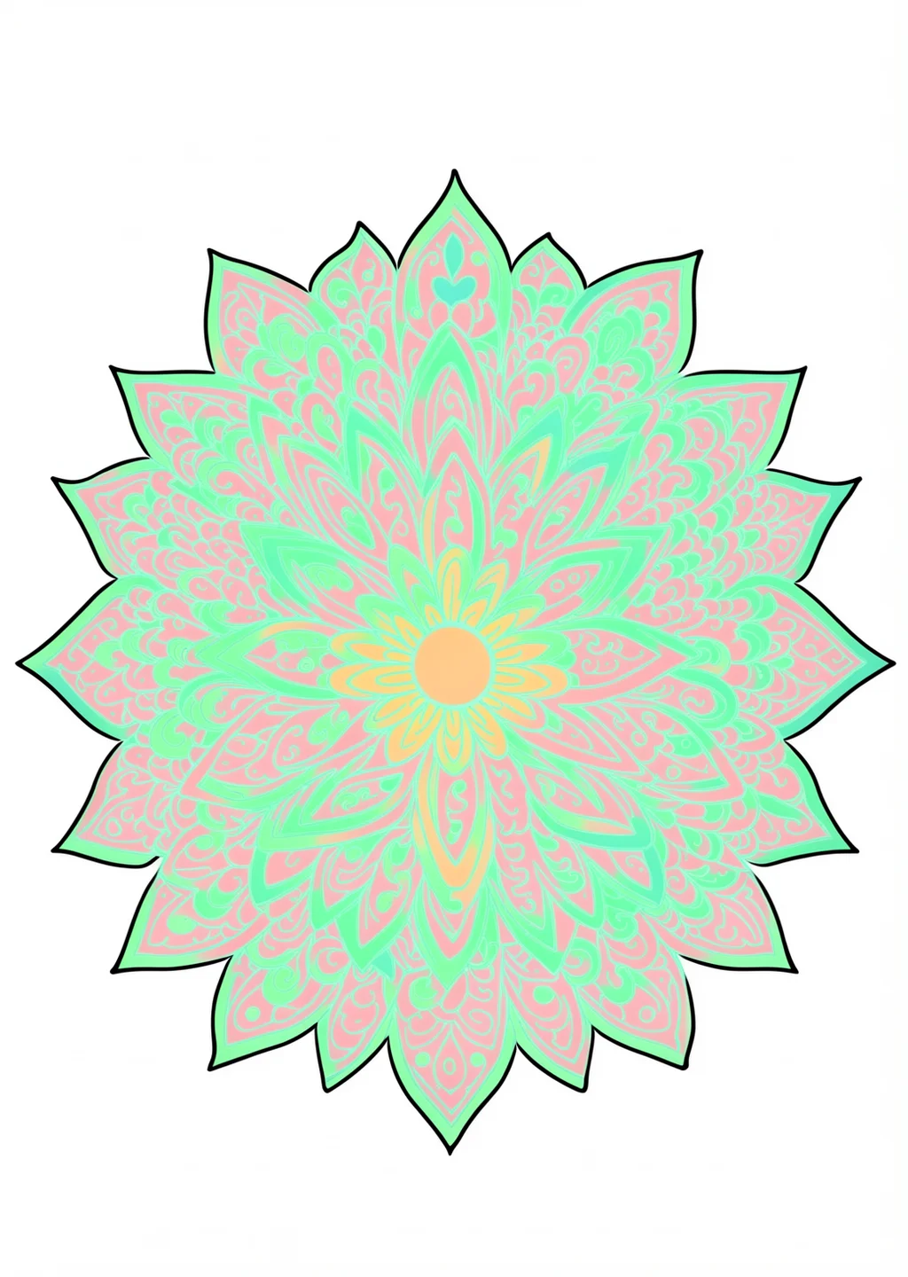 Blütenblatt-Mandala Ausmalbild – farbiges Beispiel