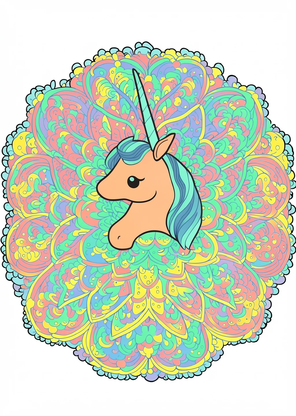 Einhorn-Mandala Ausmalbild – farbiges Beispiel