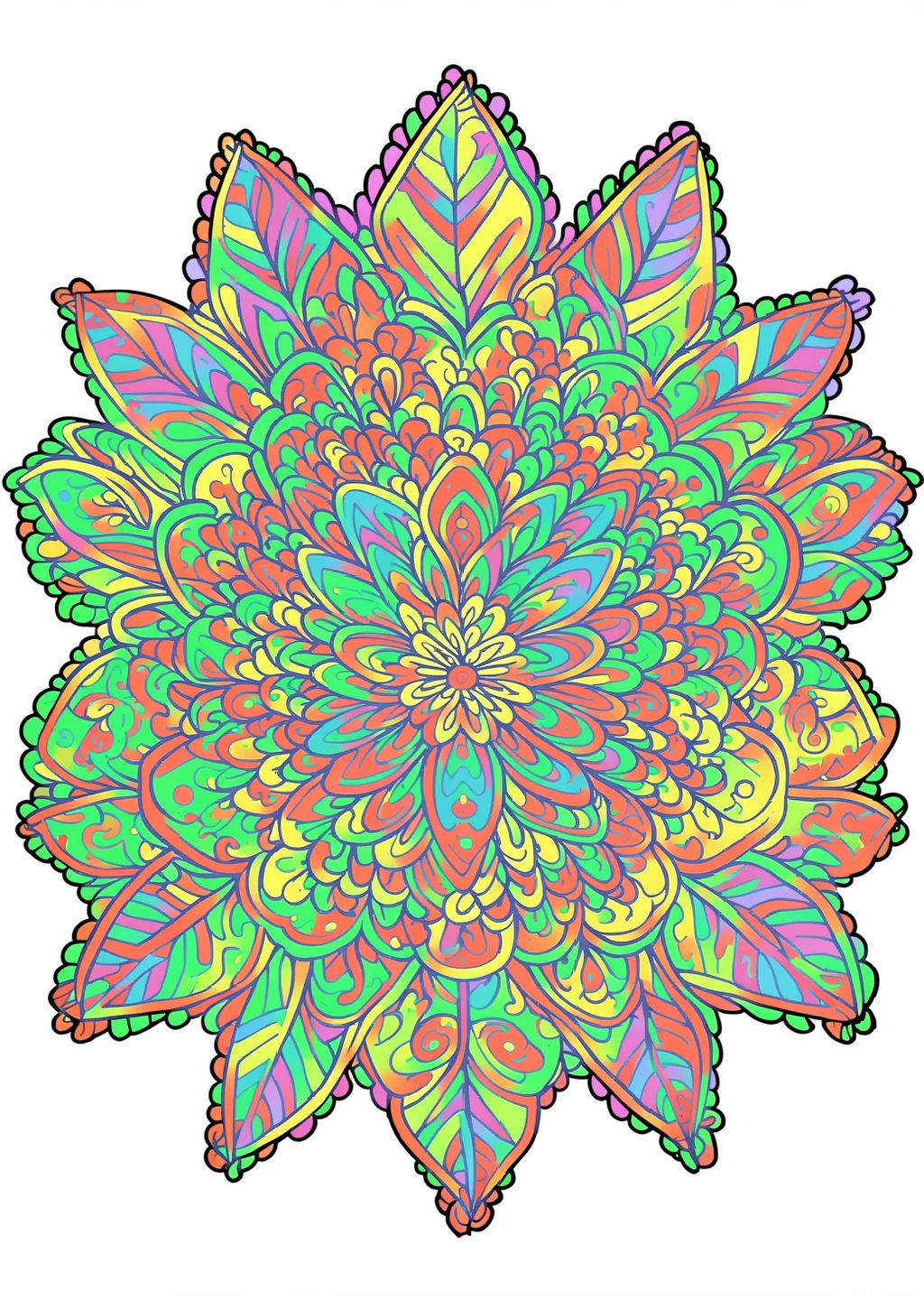 Feder-Mandala Ausmalbild – farbiges Beispiel