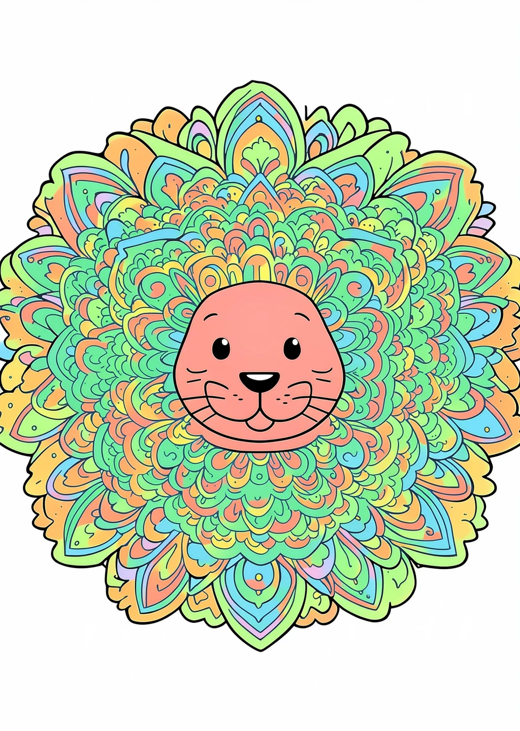 Löwen-Mandala Ausmalbild – farbiges Beispiel