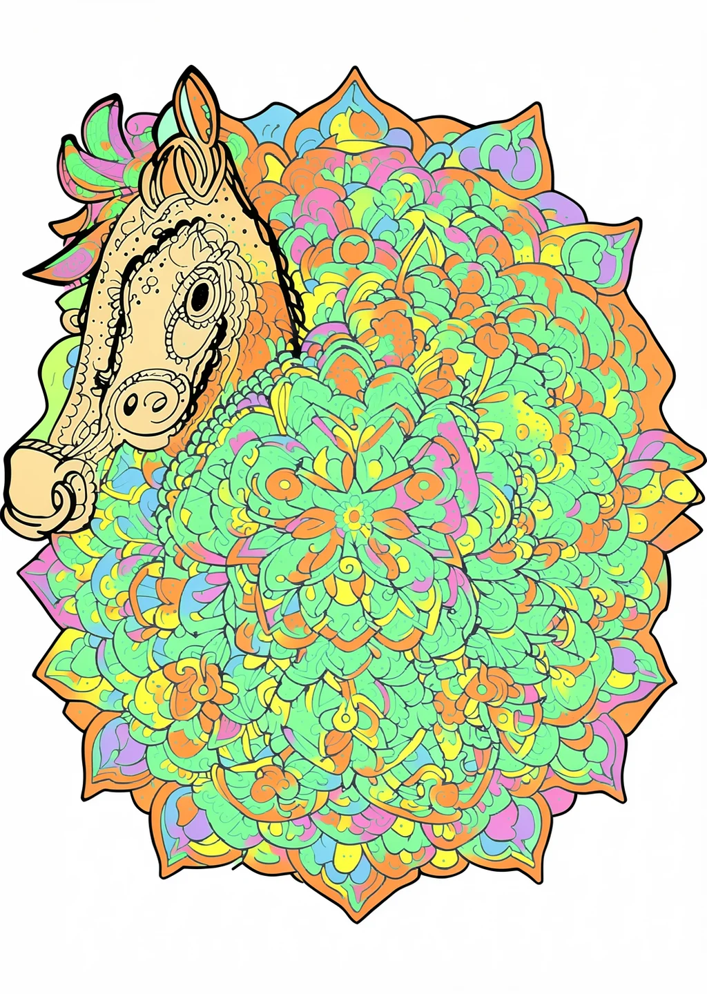 Pferde-Mandala Ausmalbild – farbiges Beispiel