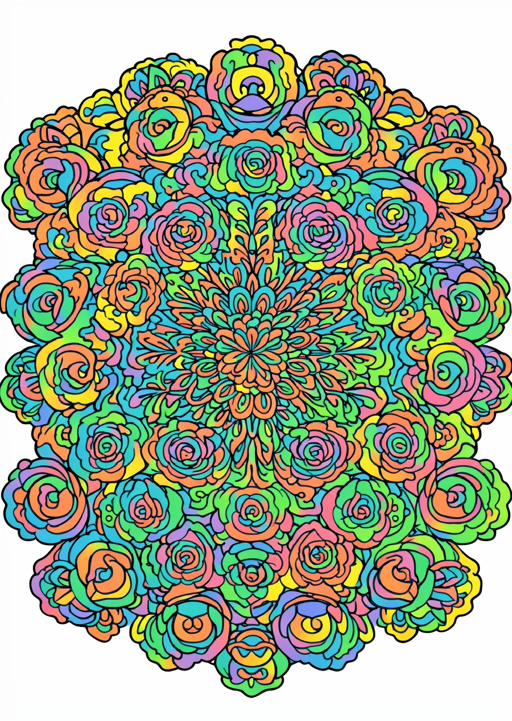 Rosen-Mandala Ausmalbild – farbiges Beispiel