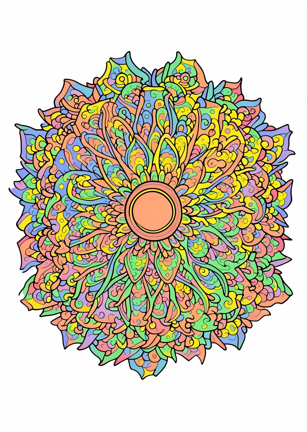 Sonne-Mond-Mandala Ausmalbild – farbiges Beispiel