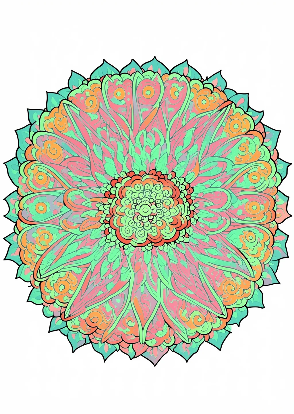 Sonnenstrahlen-Mandala Ausmalbild – farbiges Beispiel