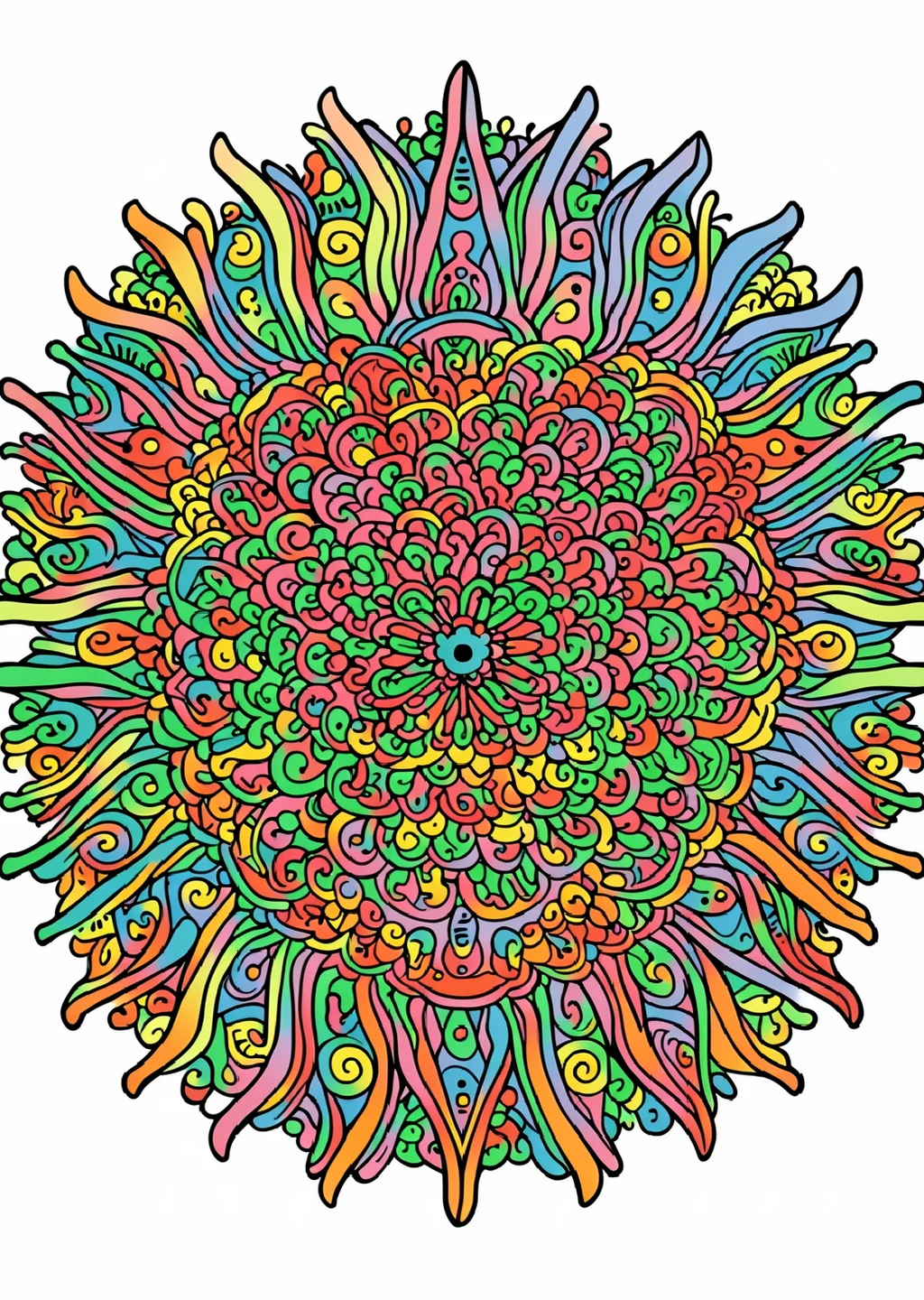 Sonnen-Mandala Ausmalbild – farbiges Beispiel
