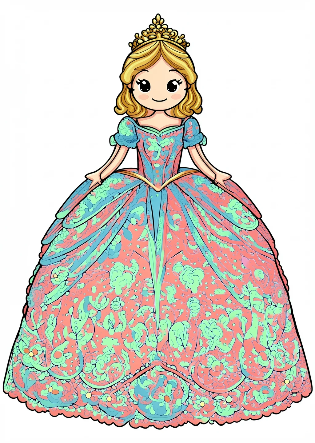 Prinzessin im Ballkleid Ausmalbild – farbiges Beispiel