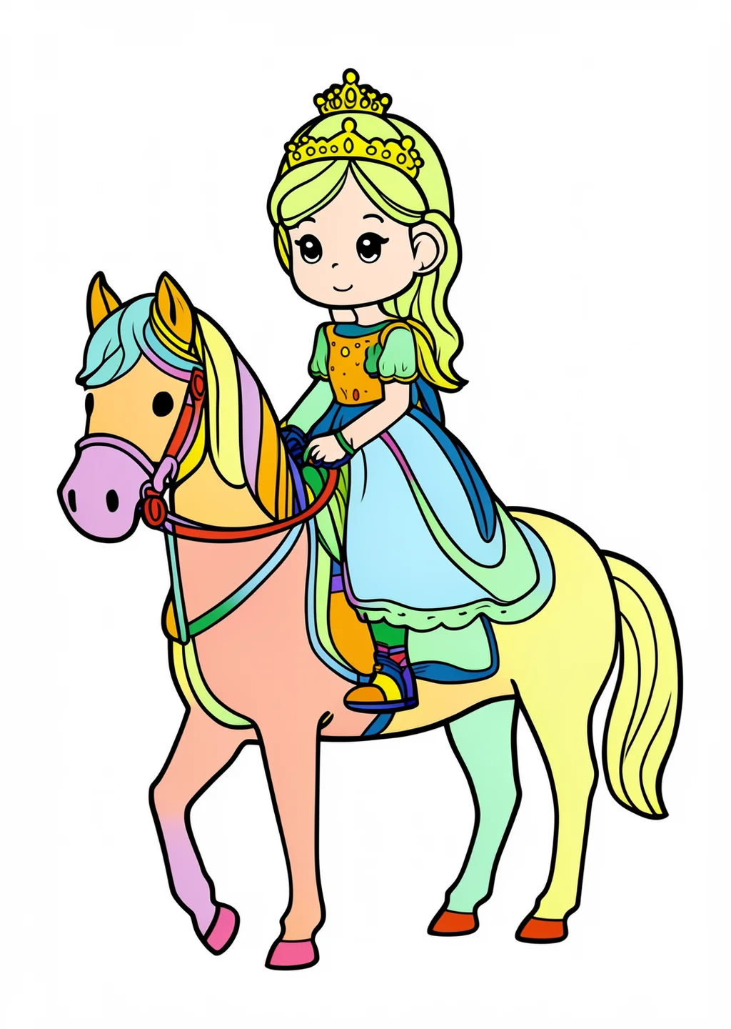 Prinzessin auf einem Pferd Ausmalbild – farbiges Beispiel