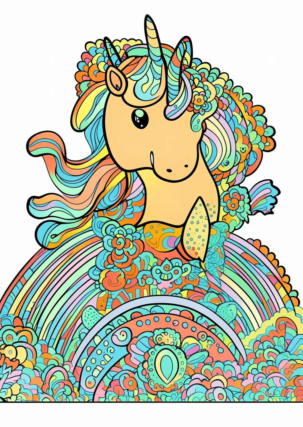 Regenbogen-Einhorn Ausmalbild – farbiges Beispiel