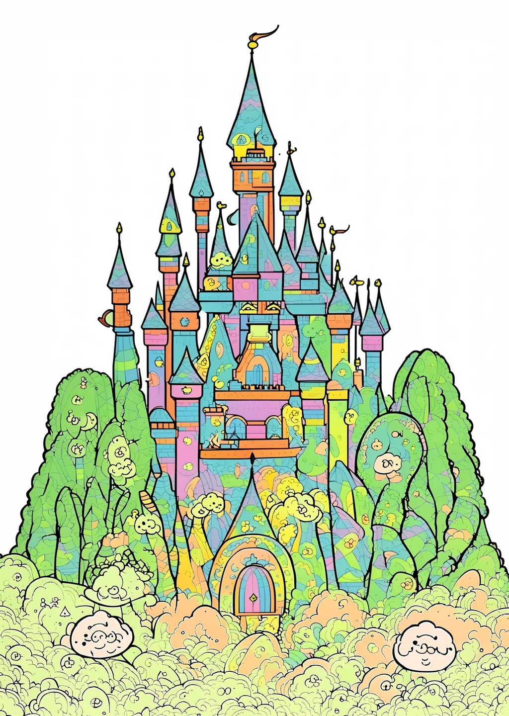 Großes Märchenschloss Ausmalbild – farbiges Beispiel